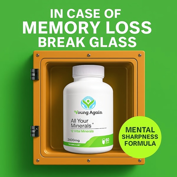 A 1:1 square ad featuring a dietary supplement bottle inside an emergency fire cabinet, positioned as a solution for mental sharpness.